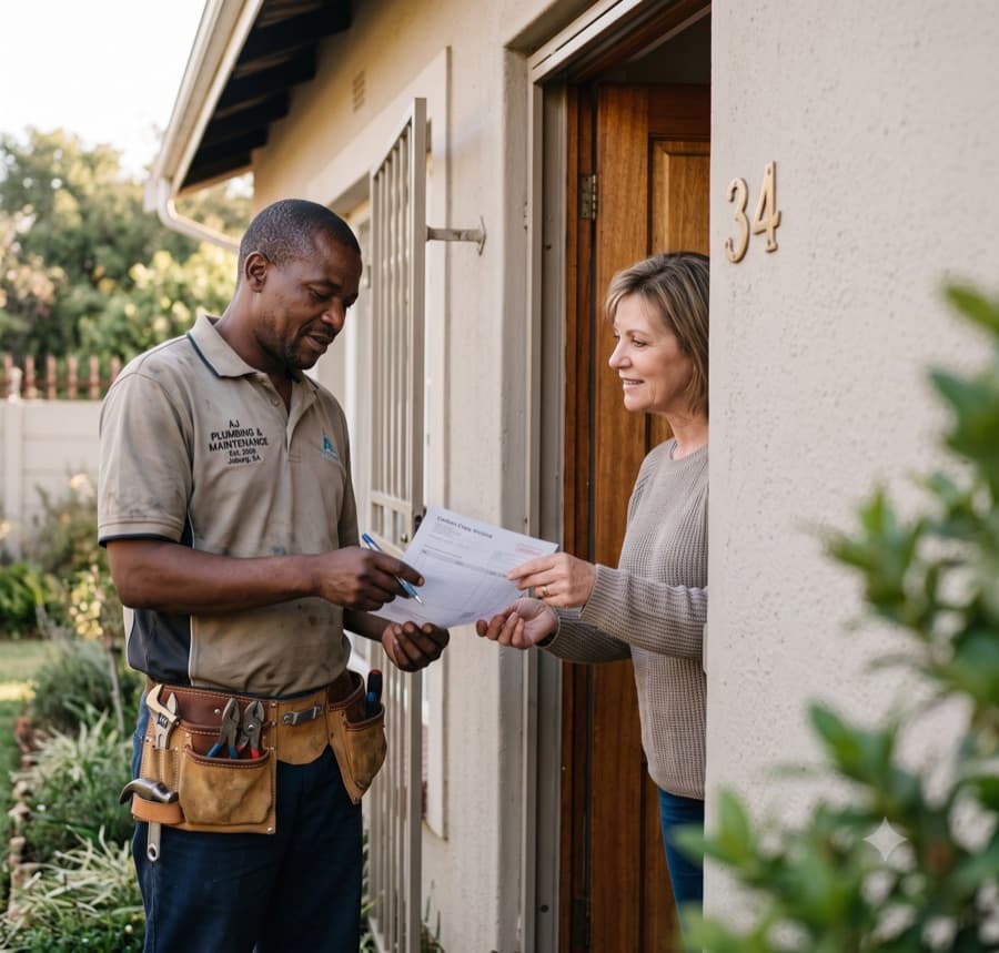 A plumber handing the finished job back to the customer at their front door, phone in hand, natural light, real home.