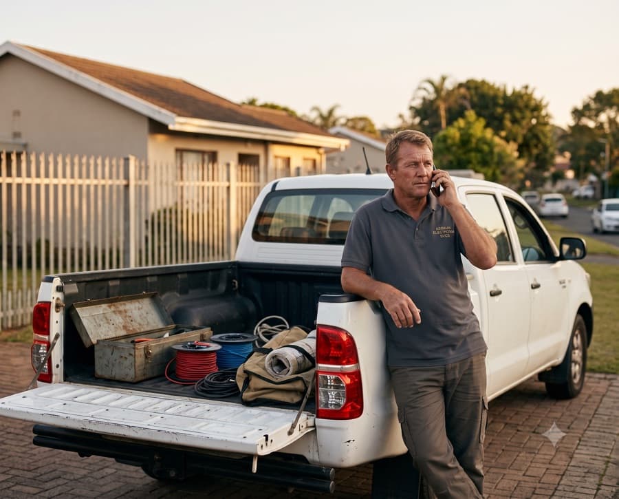 The owner leaning on the van, phone to ear, mid-conversation, tools packed. The call that saves the customer.
