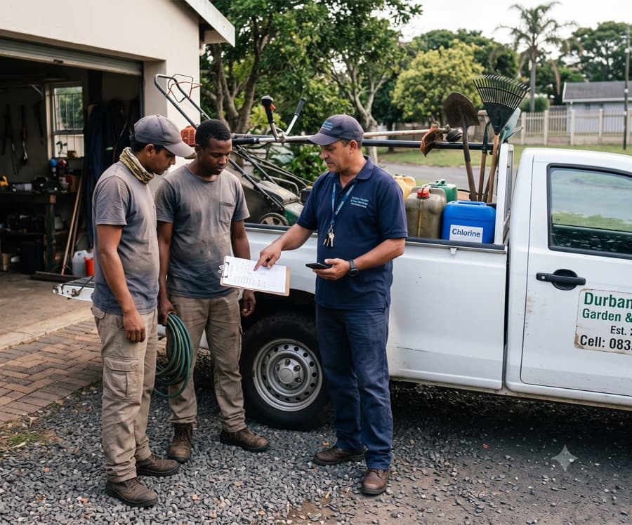 An owner and two staff members loading the bakkie at the start of the day, branded van door visible, unposed.