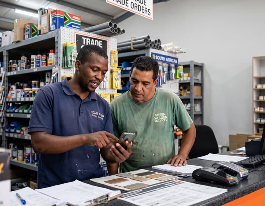 Two tradespeople chatting at the suppliers counter or over the bakkie tailgate, one showing the other something on their phone. Unposed, mid-conversation.