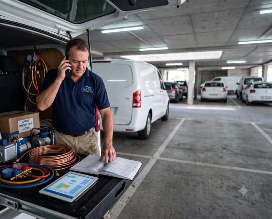 The owner on the phone at the tailgate of a van, gauges and a spare unit visible. Working call, unposed.