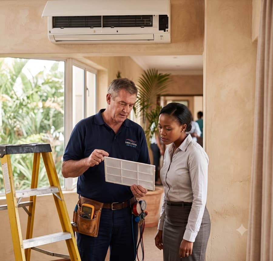 An aircon tech on a ladder at a wall-mounted unit, filter in hand, office or home interior. Natural light, real site, unposed.