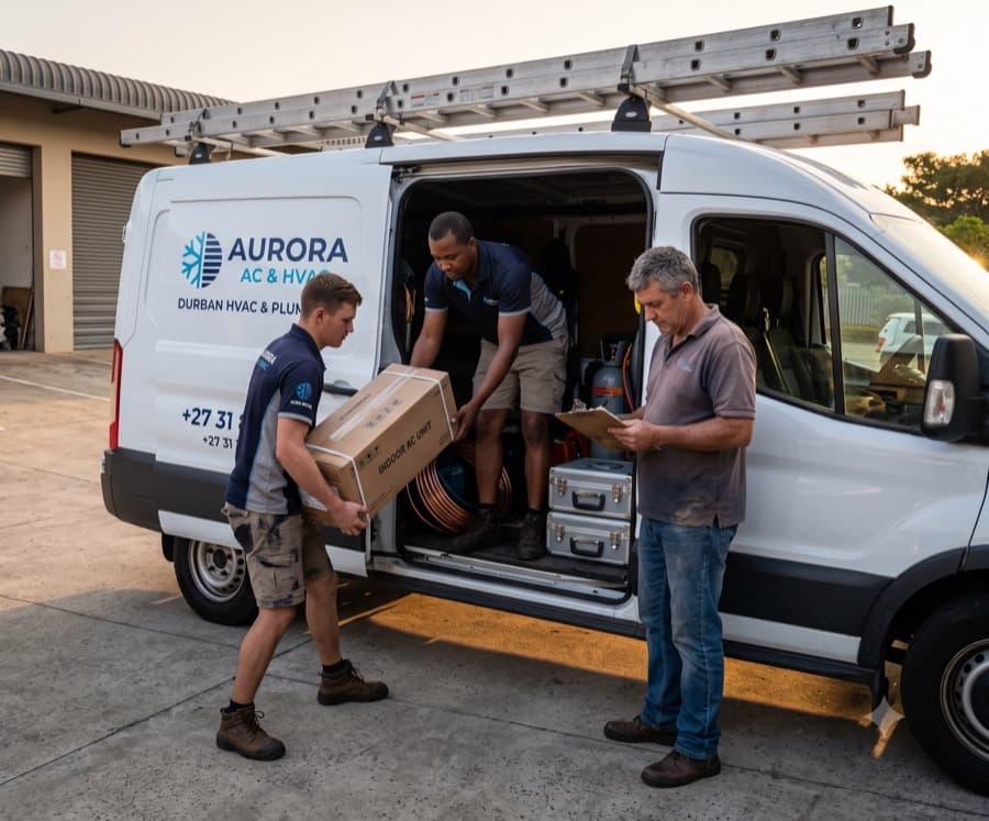 Two aircon techs loading a branded van in a parking basement or yard, ladders and gauges, start of the day.