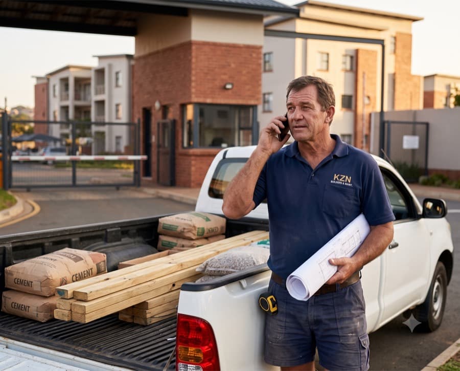 The owner on the phone at a site gate, bakkie and materials behind, plans under one arm. Working call.
