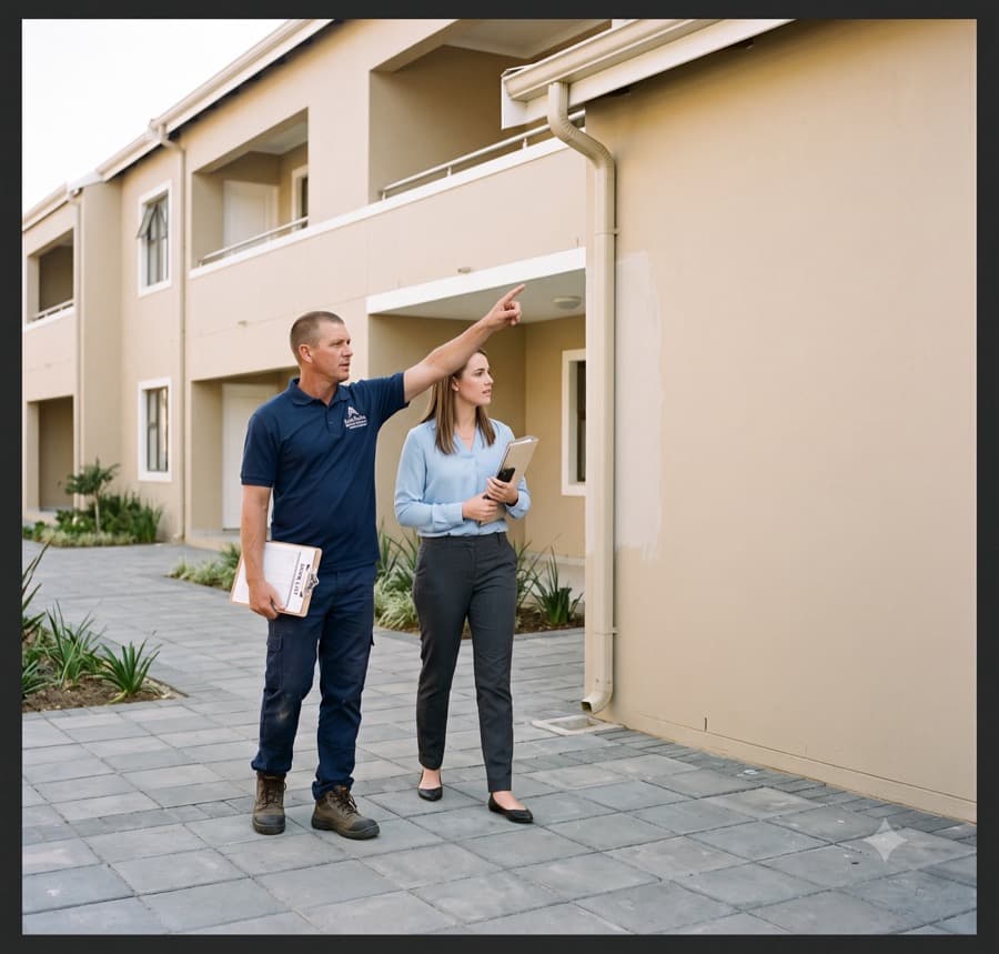 A site foreman walking a finished repair with a managing agent, snag list on a clipboard. Real complex or office block, natural light, unposed.