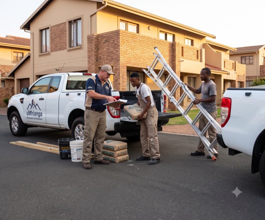 The foreman and two workers at a branded bakkie on a complex driveway, materials loaded, morning light.