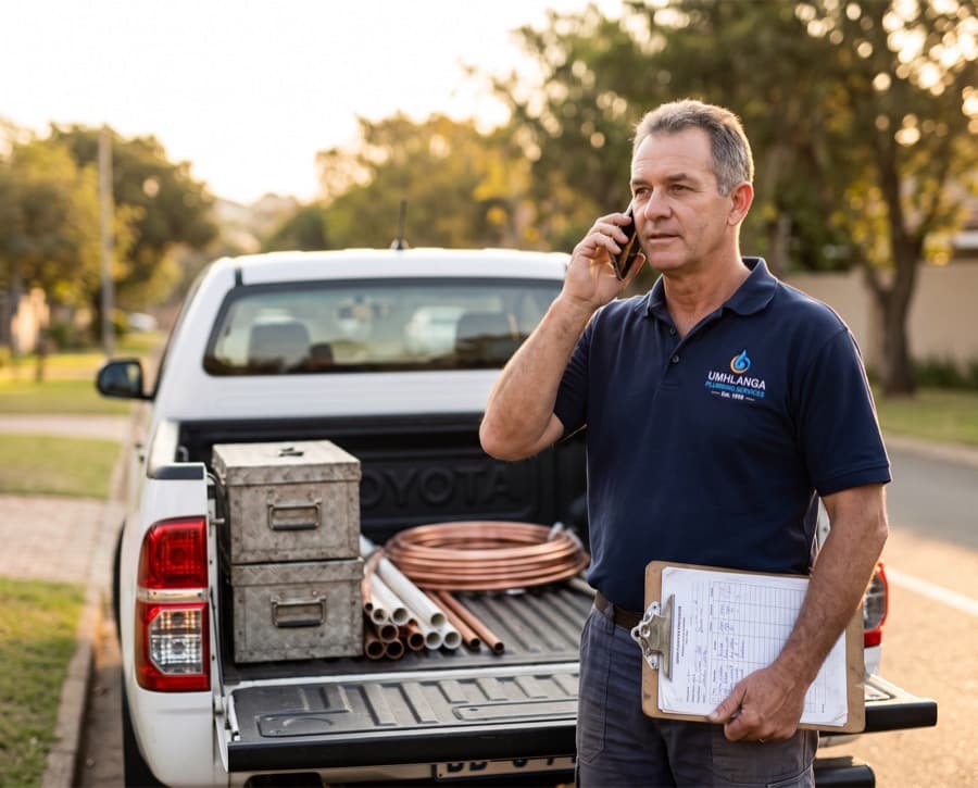 The owner leaning on the bakkie, phone to ear, mid-conversation, tools packed. The call that saves the customer.