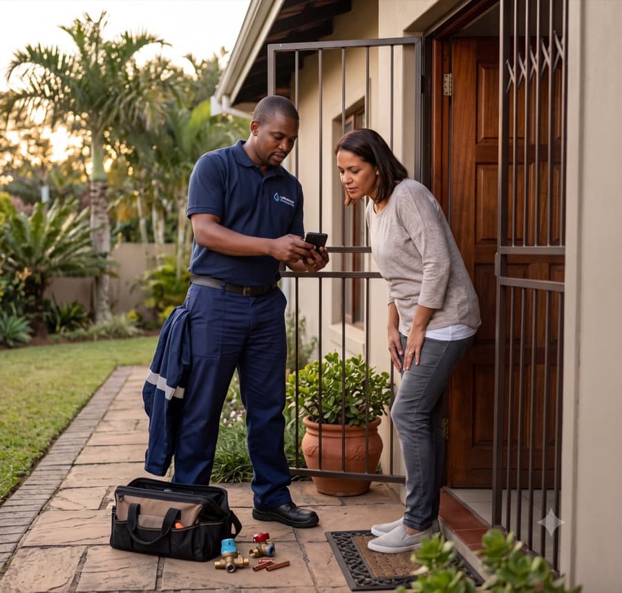 A plumber handing the finished job back to the customer at their front door, phone in hand, natural light, real home. No hard hat, no posing.