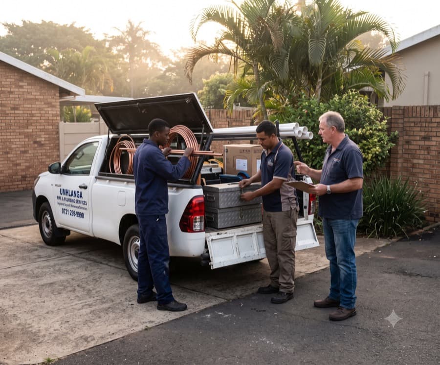 The owner and two plumbers loading the bakkie at the start of the day, branded van door visible, unposed.