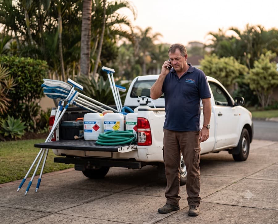 The owner on the phone beside the bakkie, drums and nets in the back. Mid-conversation, not smiling at the camera.