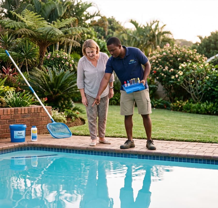 A pool technician at a suburban pool, test kit and net in hand, homeowner visible at the back door. Late afternoon light, real garden, unposed.