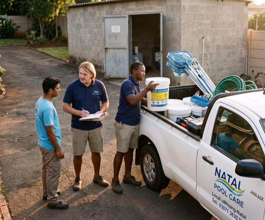 Two pool techs loading drums and nets at the start of a route, branded bakkie door visible, early morning, unposed.