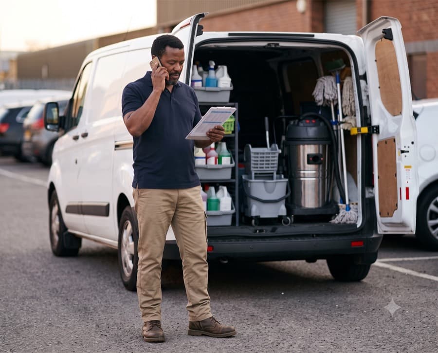 The owner on the phone beside the vehicle, stacked caddies and a vacuum in the back. Mid-conversation, unposed.