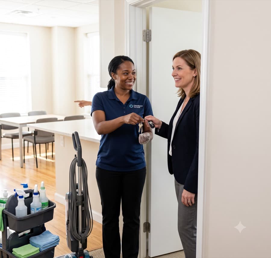 A cleaner finishing up in a home or office, handing the keys or the alarm remote back to the customer at the door. Real space, natural light, unposed.