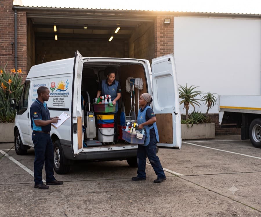 The owner and two cleaners loading caddies, mops and a vacuum into a branded vehicle at the start of the day.