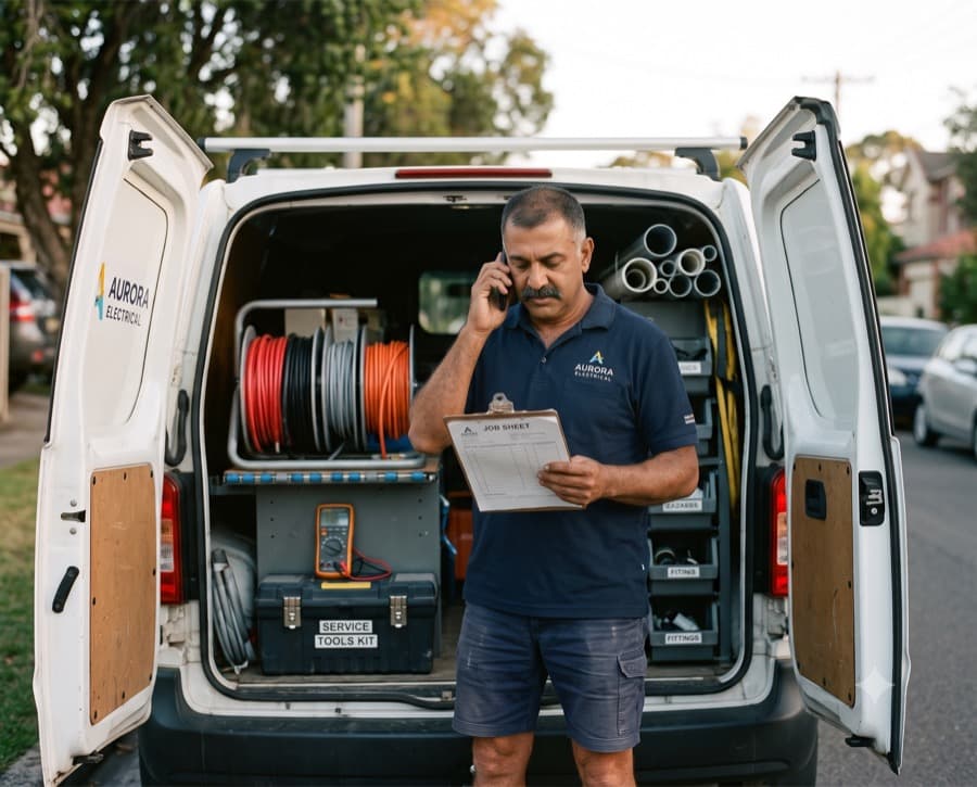 The owner on the phone at the back of the van, cable drums and a tester visible. Working call, unposed.
