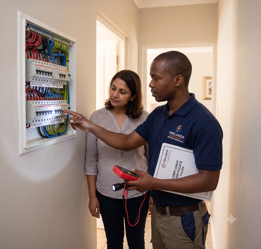 An electrician at an open distribution board explaining something to the homeowner, tester in hand. Real house, natural light, unposed.