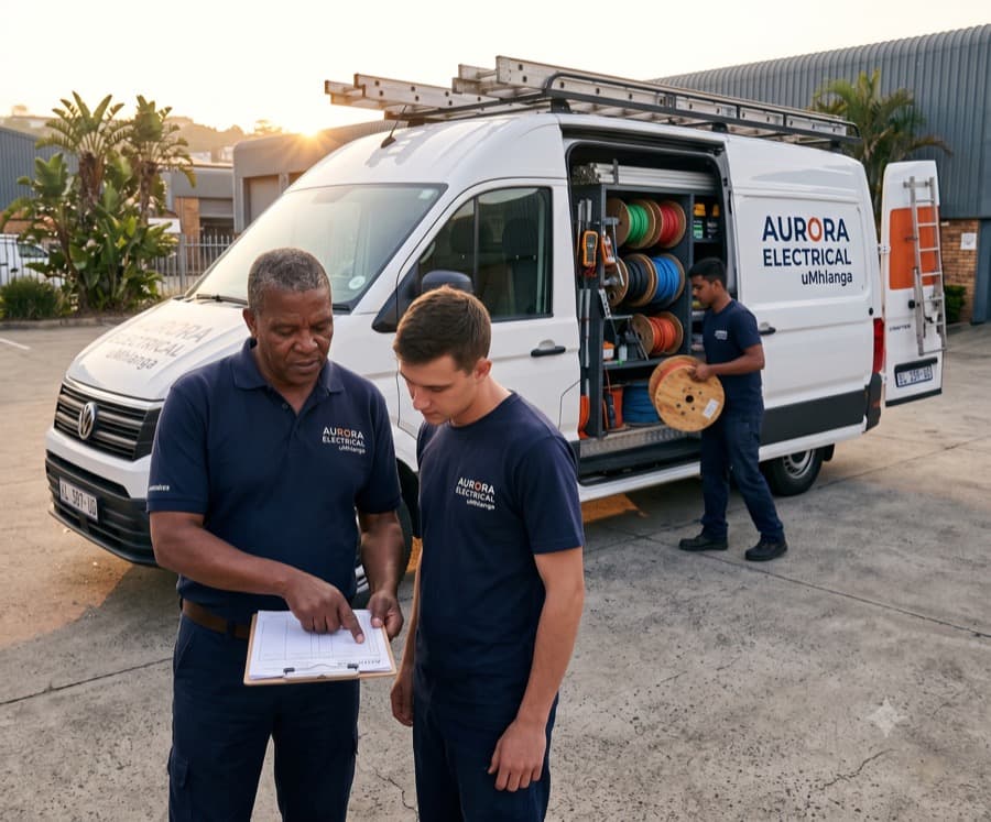 The owner and two electricians checking a job sheet at a branded van, ladders and drums loaded, morning.