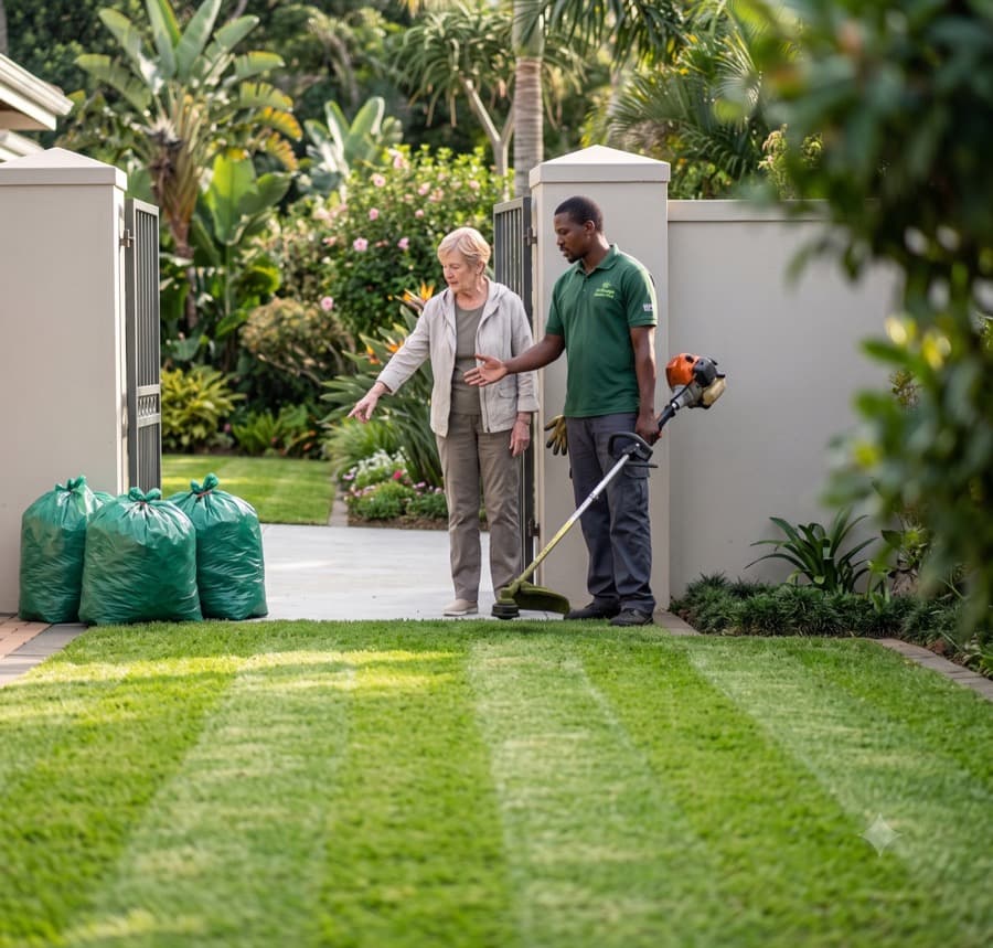 A garden crew member with a trimmer finishing an edge, homeowner at the gate. Real suburban garden, morning light, unposed.