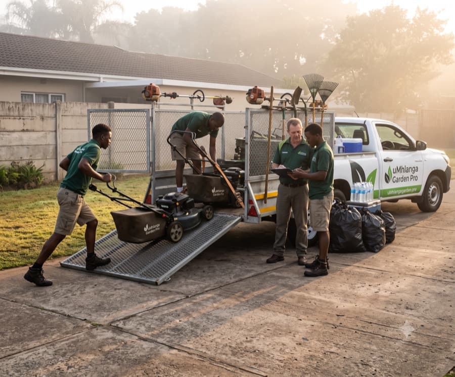 Three crew members and the owner loading mowers and a trimmer onto a branded bakkie and trailer, early morning, unposed.