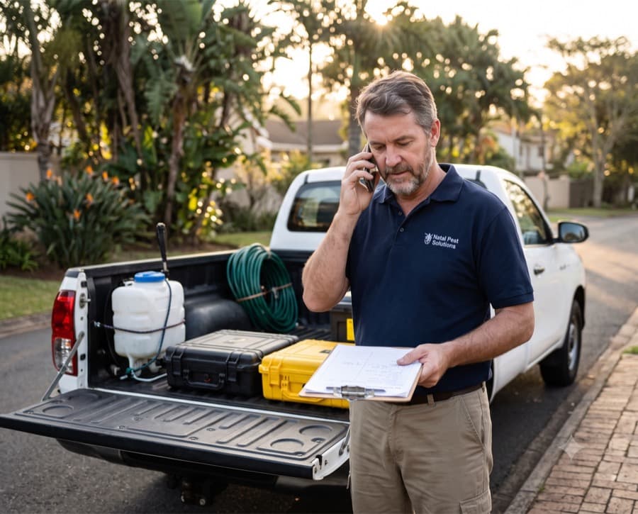 The owner in the yard on the phone, spray unit and equipment loaded behind. Working call, not a portrait.