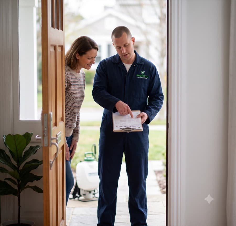A pest technician at a front door in overalls, clipboard or tablet in hand, homeowner listening. Domestic, tidy, unposed. Nothing alarming in frame.