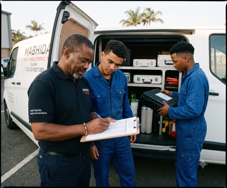 Two pest techs checking a job list at the back of a branded vehicle, overalls on, early morning.